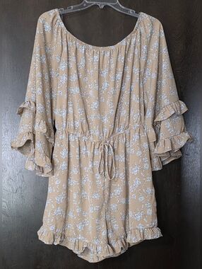 Ces Femme Beige Floral Ruffle Sleeve Women’s Romper Elastic Waist Size L